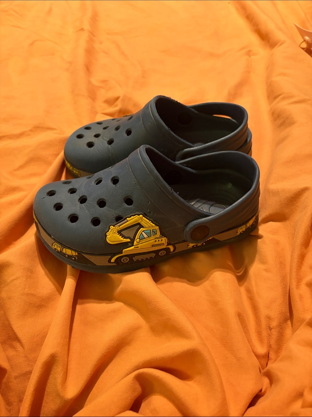 Kids Navy Blue Croc Shoes with Yellow Excavator Design